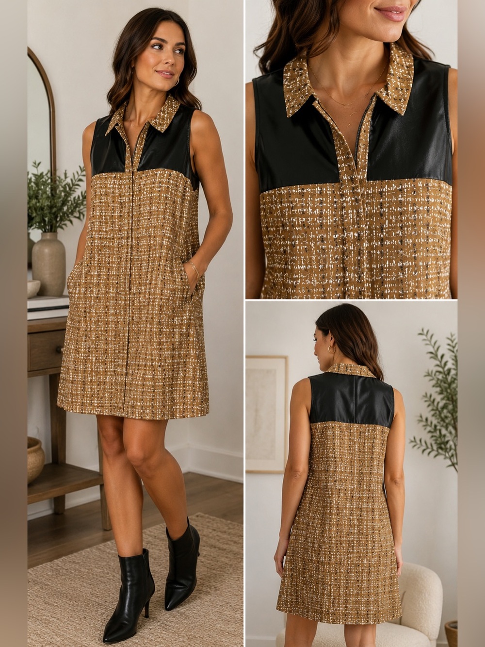 Buru Mom Life Styled Sleeveless Shift Dress Faux Leather Yoke Brown Metallic